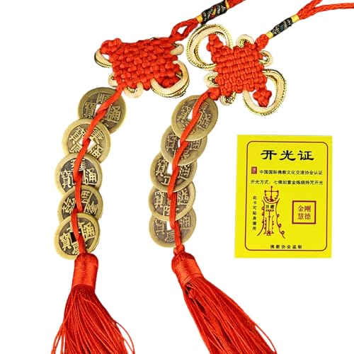 Feng Shui Five Emperors Coins Hanging Ornament with Chinese Knot and Tassel