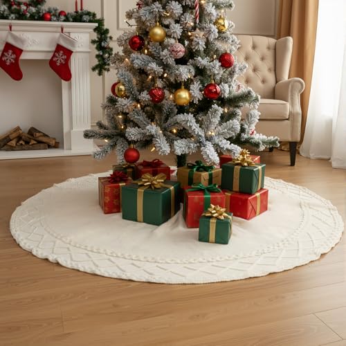 Drydiet 72 Inch White Knit Christmas Tree Skirt - Ivory, Large Holiday Decor