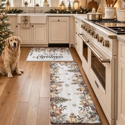 AtawLege Merry Christmas Kitchen Rug Set 2 Piece - 17x29 + 17x47 anti-fatigue mats