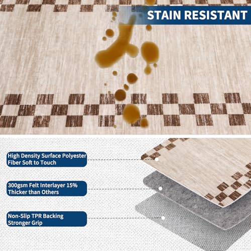 5x7 Scalloped Washable Area Rug - Non-Slip Stain-Resistant Beige Carpet