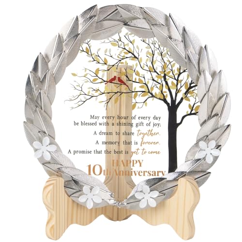 10th Anniversary Wedding Gift Crystal Plaque with Golden Metal Wreath