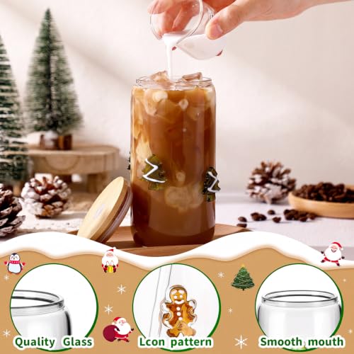 Meanplan 4 Pcs Christmas Glass Tumblers with Lids, 17 oz - Gift Set