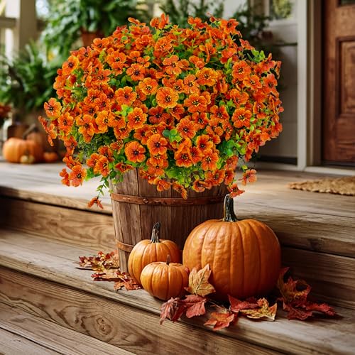 Artificial Fall Mums Outdoor UV Resistant Silk Flowers - 16 Pack, Red Orange