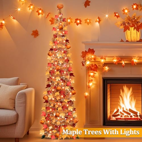 5FT Fall Tree with 50 Warm White Lights and Pumpkins - Battery Operated Halloween Decor