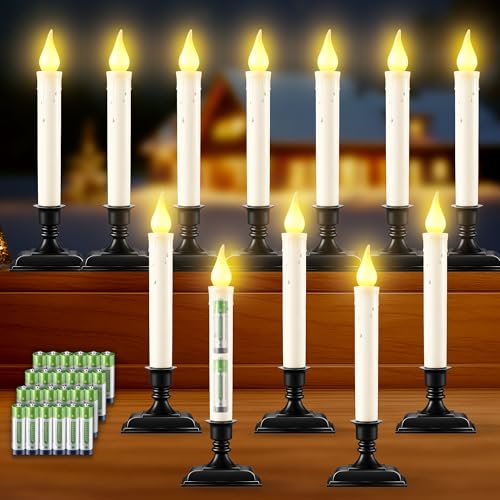 Enhon 12-Pack Battery Operated Window Candles with Dusk-to-Dawn Sensor, Black Base