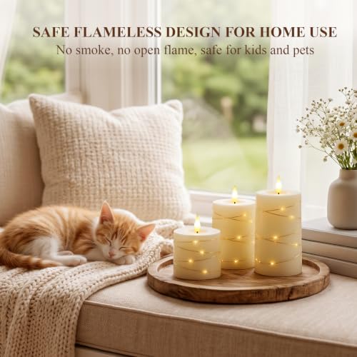 Homemory Ivory Flameless Candles with 3D Wicks & String Lights (Set of 3) Remote, Timer, 2.9/3.5/4.5in