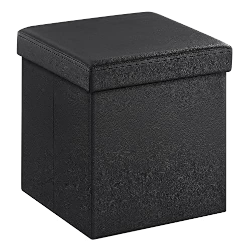 15-Inch Foldable Storage Ottoman Cube, Synthetic Leather Footstool - Black