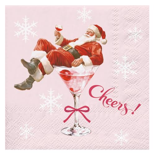 Martini Santa Christmas Cocktail Napkins 25 Pcs, Pink 3-Ply, Cheers Design
