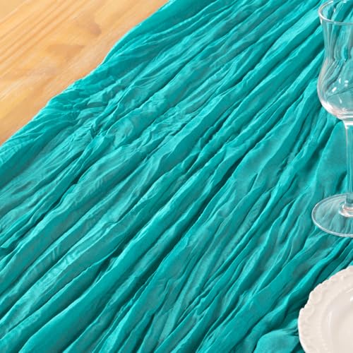 Teal Green Cheesecloth Table Runner, 35 x 120 Inch Boho Gauze Table Decor