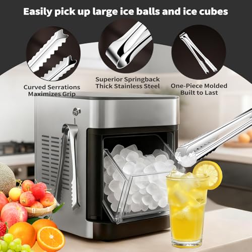 Stainless Steel Ice Tongs 8.5 Inch for Jumbo Ice Balls & Cubes, Magnetic Hook for Whiskey & Bar Use