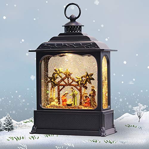 Nativity Musical Lighted Water Lantern - 11" Swirling Glitter Snow Globe