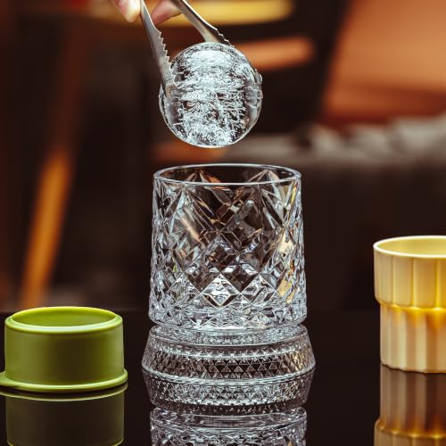 Ginireto Pattern A Spinning Whiskey Glasses Set of 2, 9.5oz Lead-Free with Ice Molds & Gift Box
