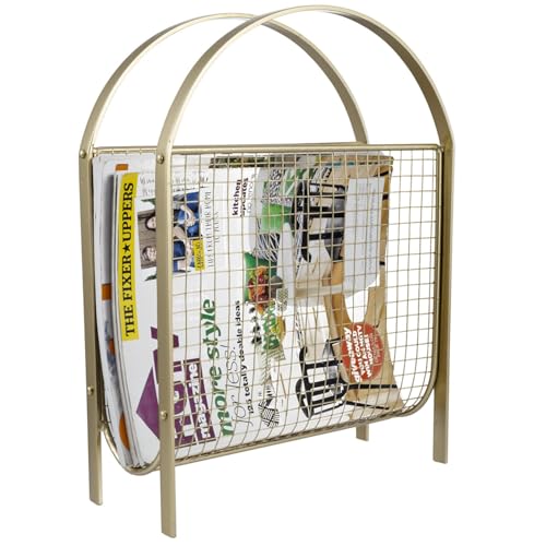 Mid-Century Brass Magazine Rack - Metal Wire Mesh Storage Basket