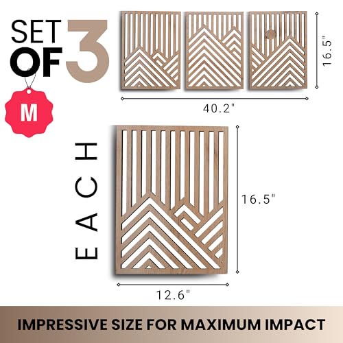 Modern Wooden Wall Sculpture Set - 3-Piece Mountain and Sun Oak Wall Art