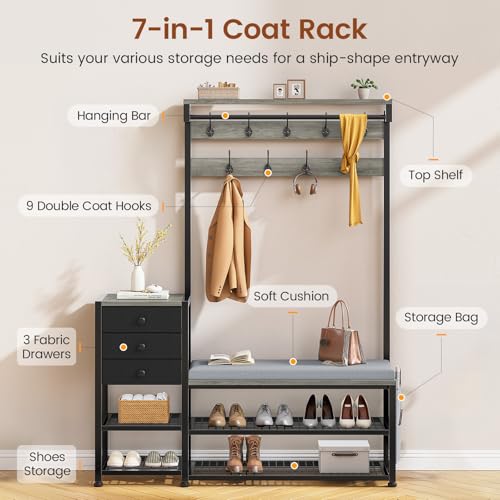 Entryway Hall Tree with Bench, Shoe Storage, and Coat Rack with Cushion
