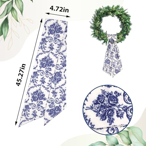 Blue Floral Wreath Sash Satin Ribbon for Front Door Decor 4.7 x 45