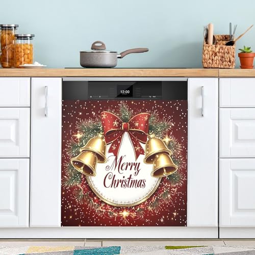 Eionryn Christmas Golden Bells Red Bow Dishwasher Magnet Cover 23x26 inch — Fridge & Kitchen Magnet Decal