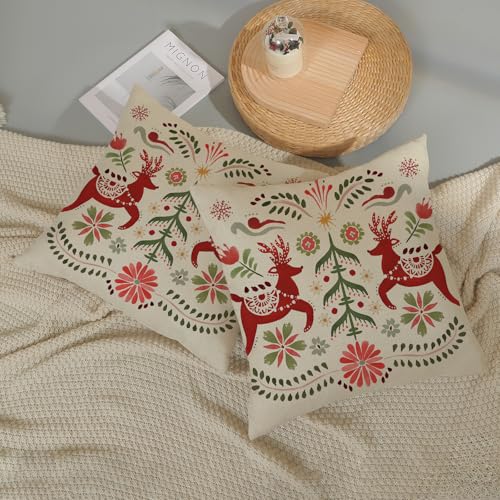DAFENA 18x18 Inch Red Green Deer & Christmas Tree Holiday Throw Pillow Covers - Pack of 2