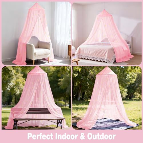 Pink Princess Bed Canopy with Glow-in-the-Dark Stars - Round Dome Curtain