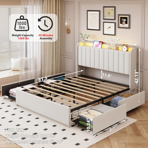 Full Size Upholstered Platform Bed Frame with 4 Storage Drawers & LED Lights