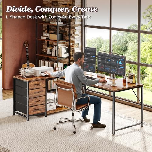 61-Inch L-Shaped Corner Desk with Power Outlets, 4 Drawers and Storage Shelves