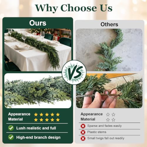 POOWUUDT 12FT Artificial Cedar Garland Christmas Holiday Decor Indoor Outdoor