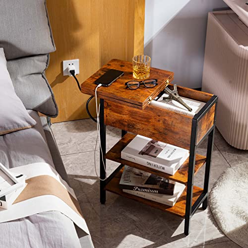 Narrow End Table with Charging Station & Flip Top Storage Shelves