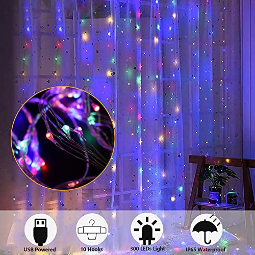 Multicolor 300 LED Window Curtain String Lights with Remote & USB Waterproof for Christmas Party
