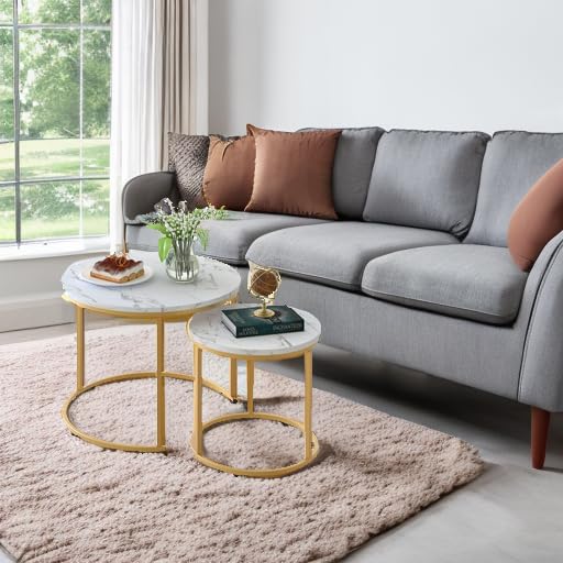 2-Piece Round Nesting Coffee Table Set with White Marble Pattern & Gold Frame