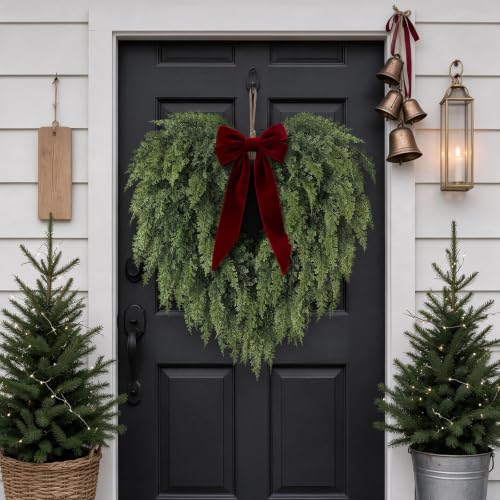 Artificial Heart-Shaped Cedar Wreath for Front Door Decoration - 21 Inch