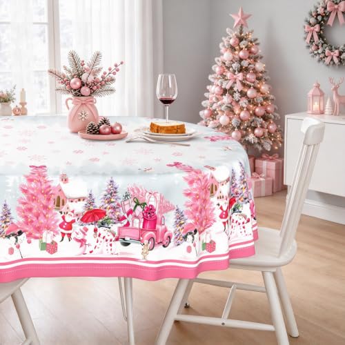 Pink Christmas Oval Tablecloth 60x120 Inches with Snowman Santa Truck Decor