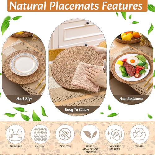 6-Piece Neutral Boho Table Runner & Woven Round Placemats Set 12x72"