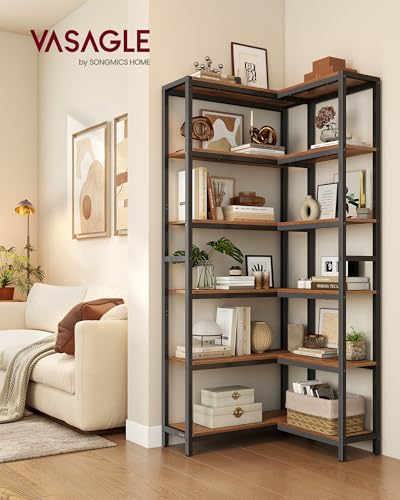 6-Tier Industrial Corner Bookshelf, Convertible Storage Organizer, Rustic