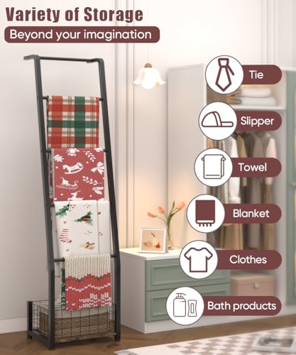 5-Tier Blanket Ladder with Storage Basket, Leaning Quilt Rack Stand