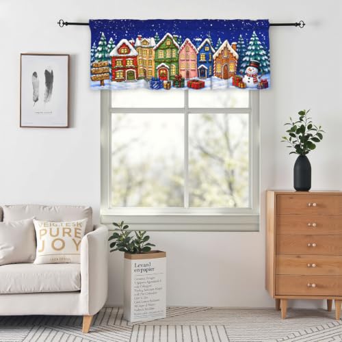 Blue Cartoon Houses Christmas Kitchen Valance 54x18in - Xmas Curtain