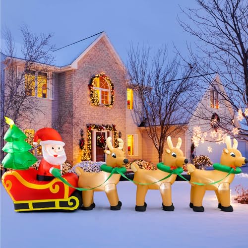 12FT Christmas Inflatable Santa Reindeer Yard Decoration with LED Lights