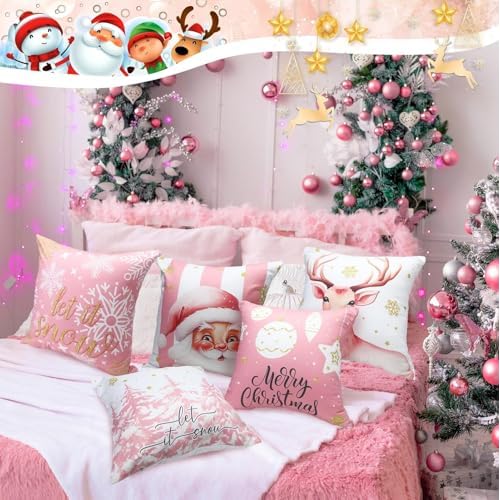 Pink Christmas Decorations Pillow Covers 18x18 Set of 6 Pink Santa Snowman Snowflake Merry Christmas Tree Let It Snow Reindeer Holiday Pillow Decorative Throw Cushion Case for Sofa
