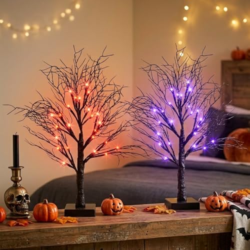 Lighted Halloween Trees 2-Pack, 22" Black Tabletop Decor with Orange & Purple LEDs