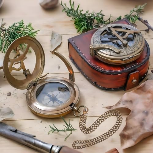 Personalized Solid Brass Sundial Compass with Engraved Leather Pouch