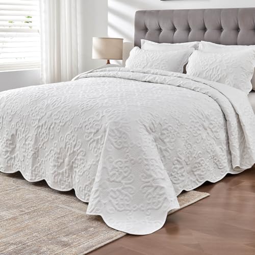 Kingnex Oversized King Bedspread Set - 128x120 White Quilted Coverlet & Shams
