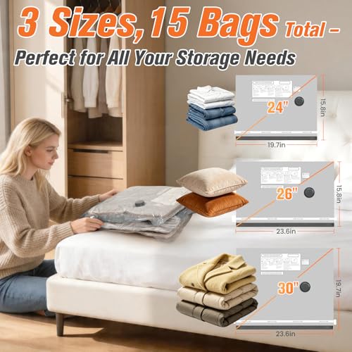 Vacuum Storage Bags with Cordless Pump 15 Pack Space Saver for Travel