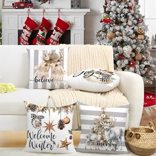 Artmag 16x16 Inch Christmas Pillow Covers Set of 4 Snowman Gloves Welcome Winter Grey White Stripes Farmhouse Home Decor