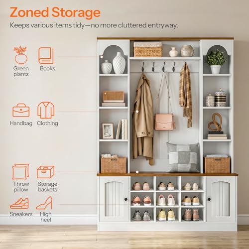 51-Inch Hall Tree with Bench and Shoe Storage, Entryway Coat Rack Organizer