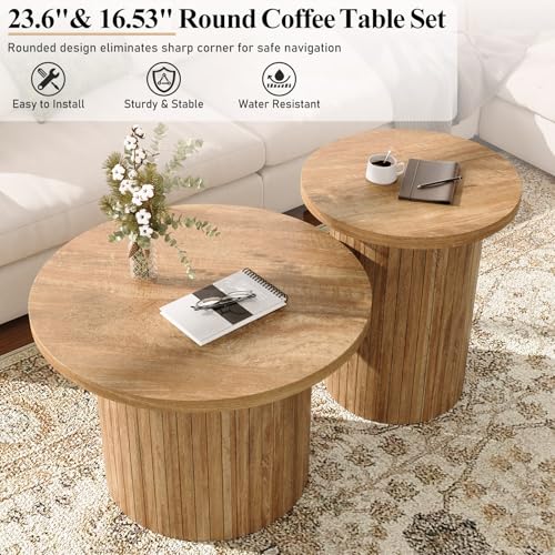 Nesting Coffee Table Set of 2, Mid-Century Modern Round Wood Accent Tables