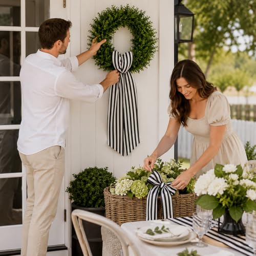 Black and White Stripe Wreath Sash for Front Door Decor, 4.5 x 56 Inch