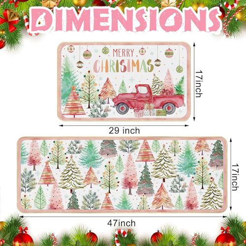 Boho Christmas Kitchen Rugs 2-Piece Set - Forest Trees 17x29 & 17x47 Inches, Colorful Boho Holiday mats