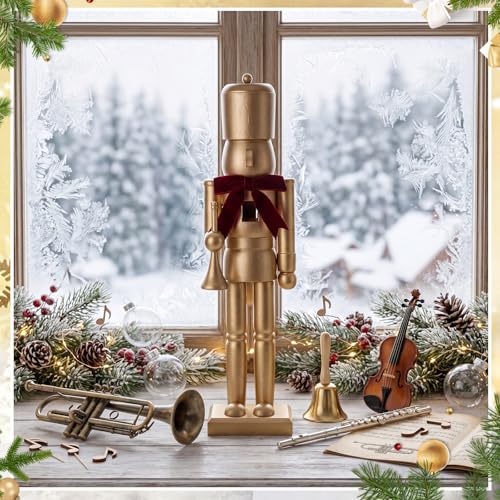 15-Inch Gold Wooden Christmas Nutcracker Figurine - Trumpet Decor