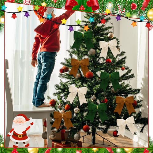 Hollowfly 12-Pack Christmas Faux Fur Bows for Tree & Decor, Green, Brown, Beige