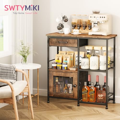Farmhouse Coffee Bar Cabinet with Storage Drawers & See-Through Door