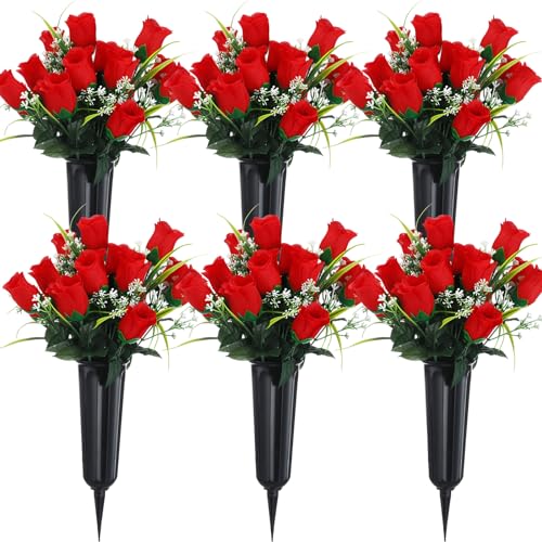 Tigeen 6-Set Red Cemetery Flowers for Grave with Vases and Spikes